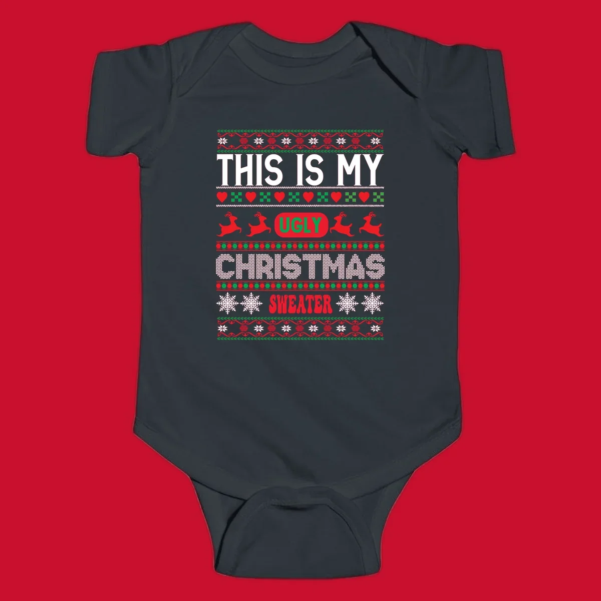 This is my ugly Christmas sweater design with text, reindeer, and snowflakes.