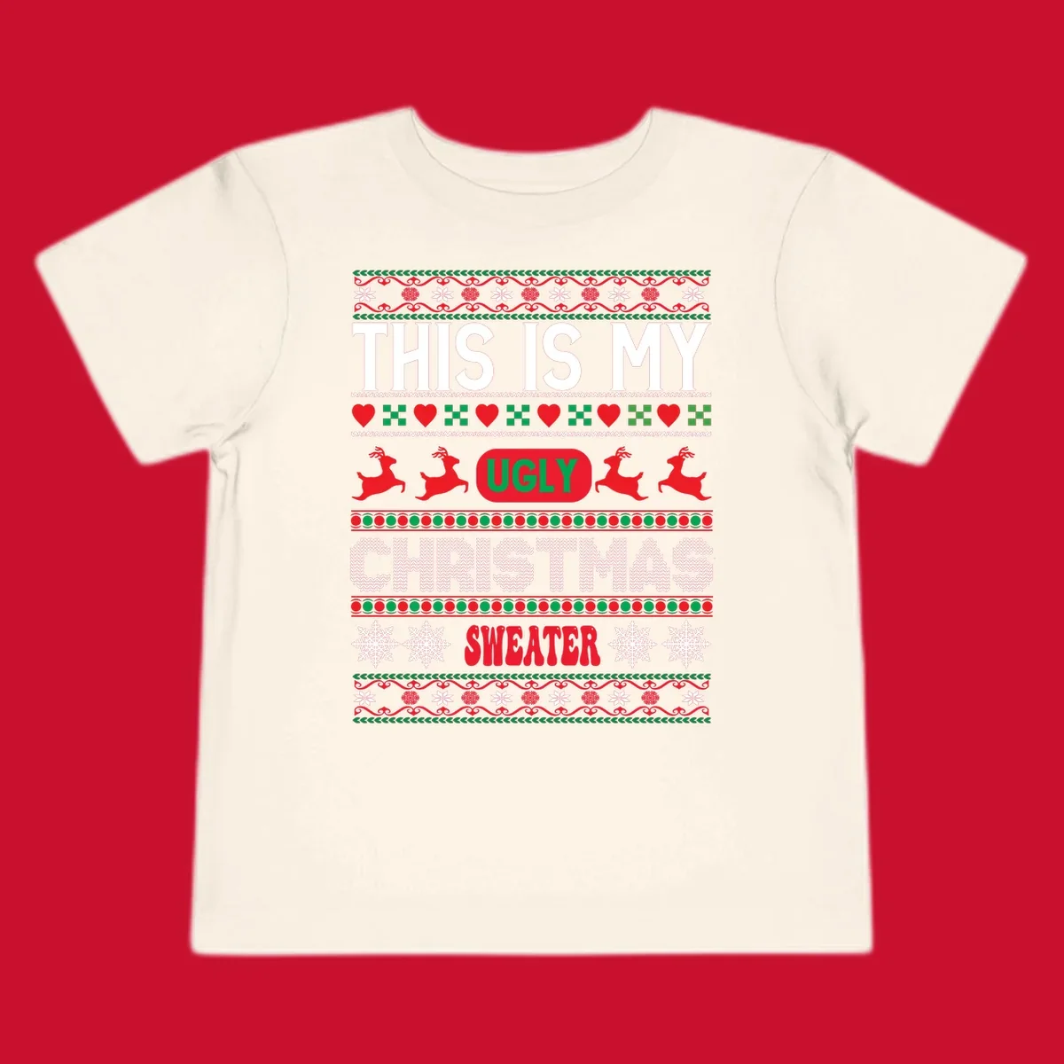 This is my ugly Christmas sweater design with text, reindeer, and snowflakes.