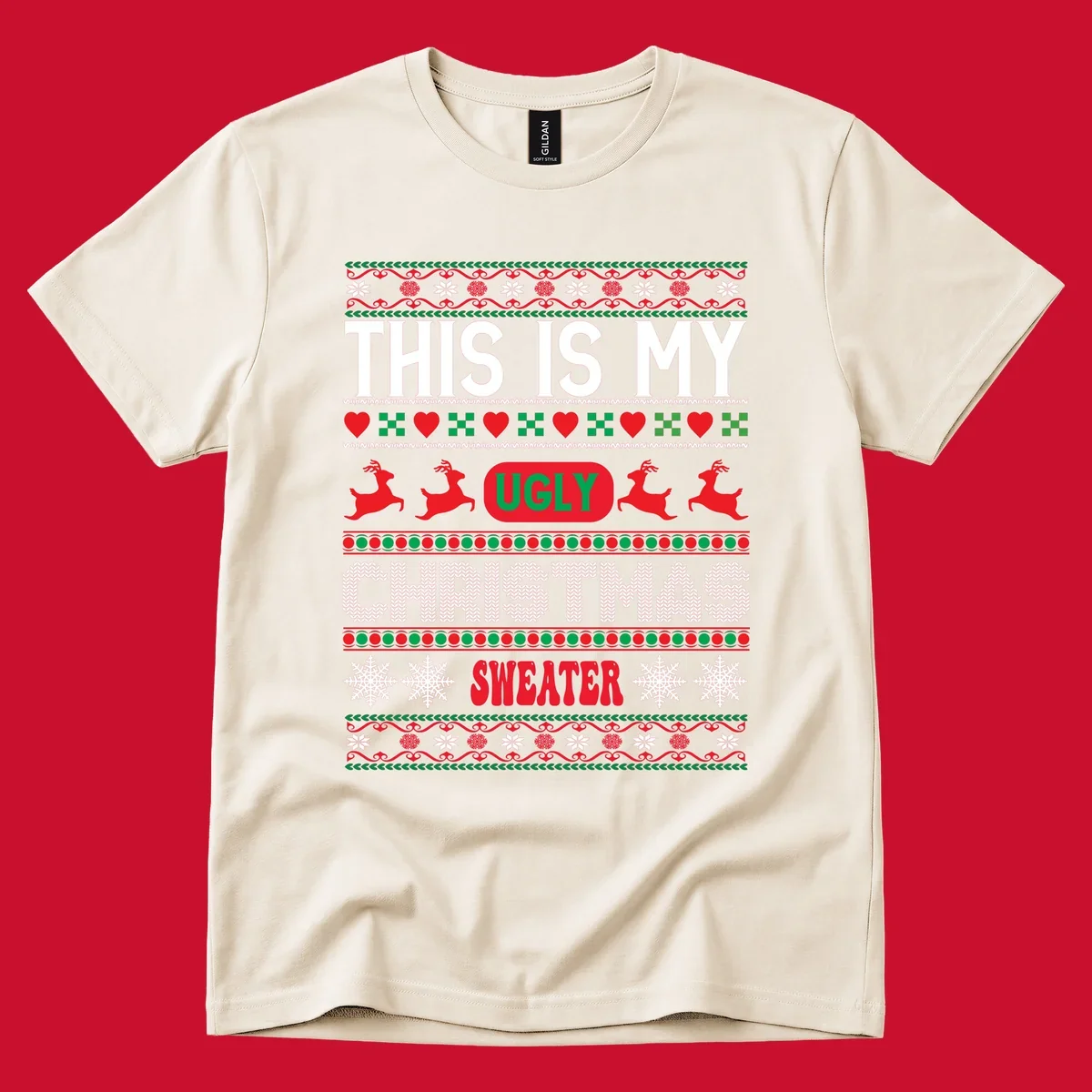 This is my ugly Christmas sweater design with text, reindeer, and snowflakes.