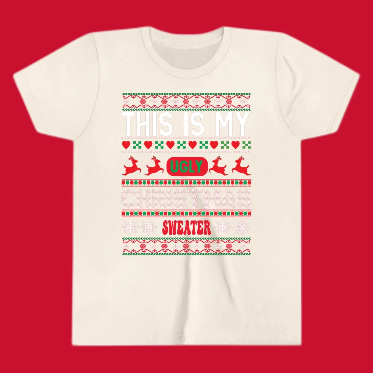 This is my ugly Christmas sweater design with text, reindeer, and snowflakes.