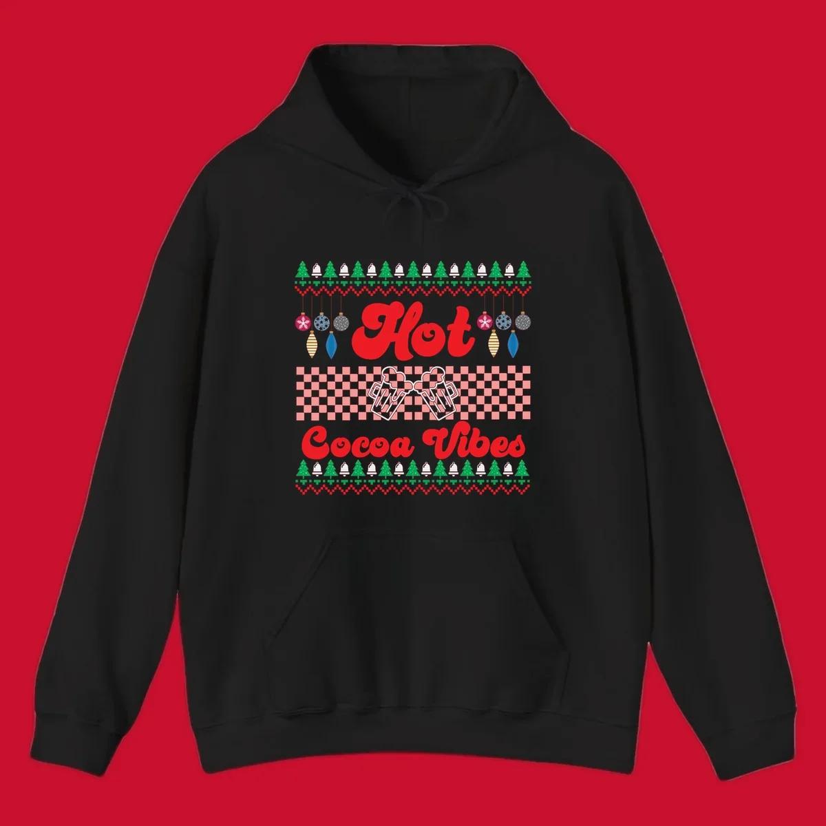 Hot Cocoa Vibes Ugly Christmas sweater design with retro text, Christmas trees, bells, and ornaments.