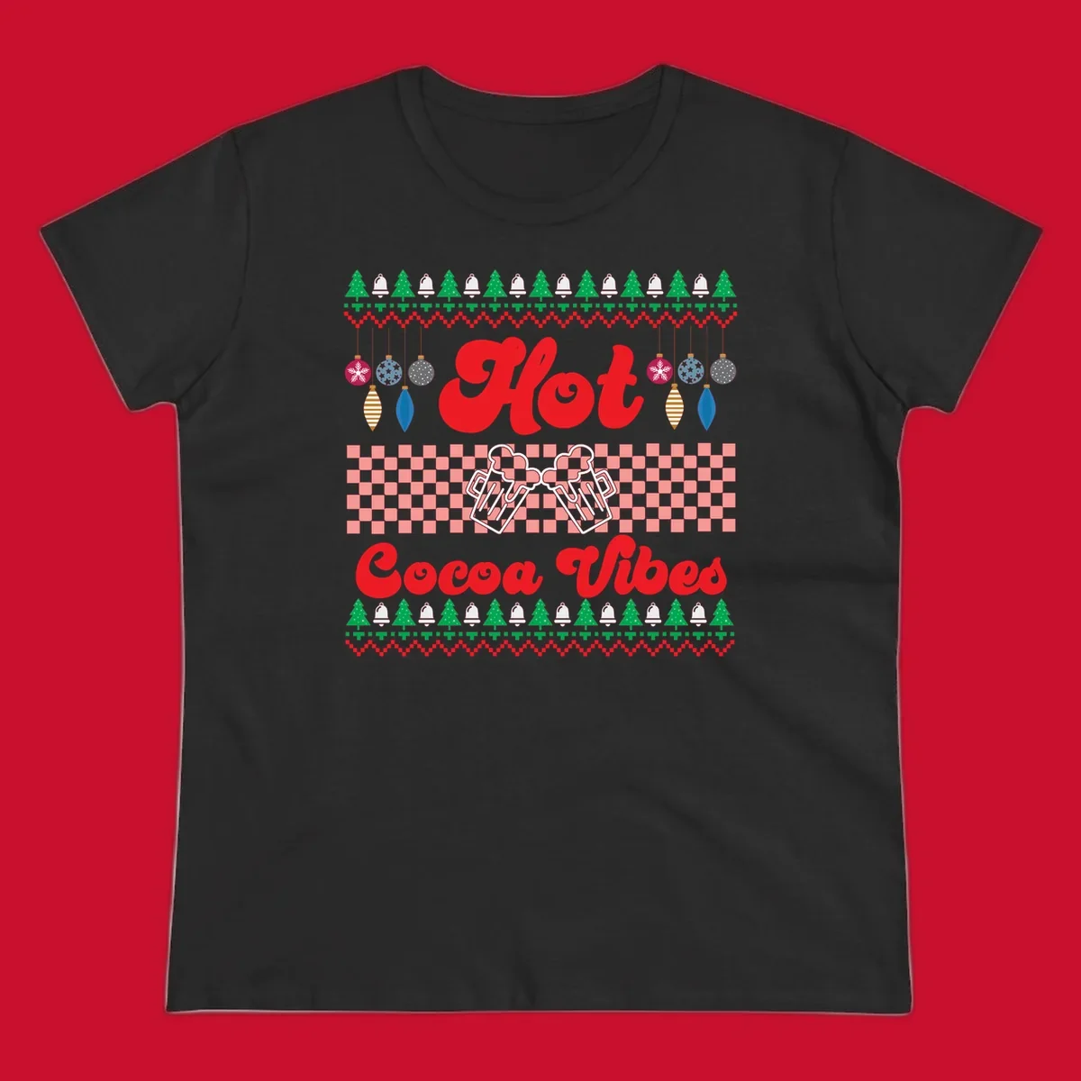 Hot Cocoa Vibes Ugly Christmas sweater design with retro text, Christmas trees, bells, and ornaments.