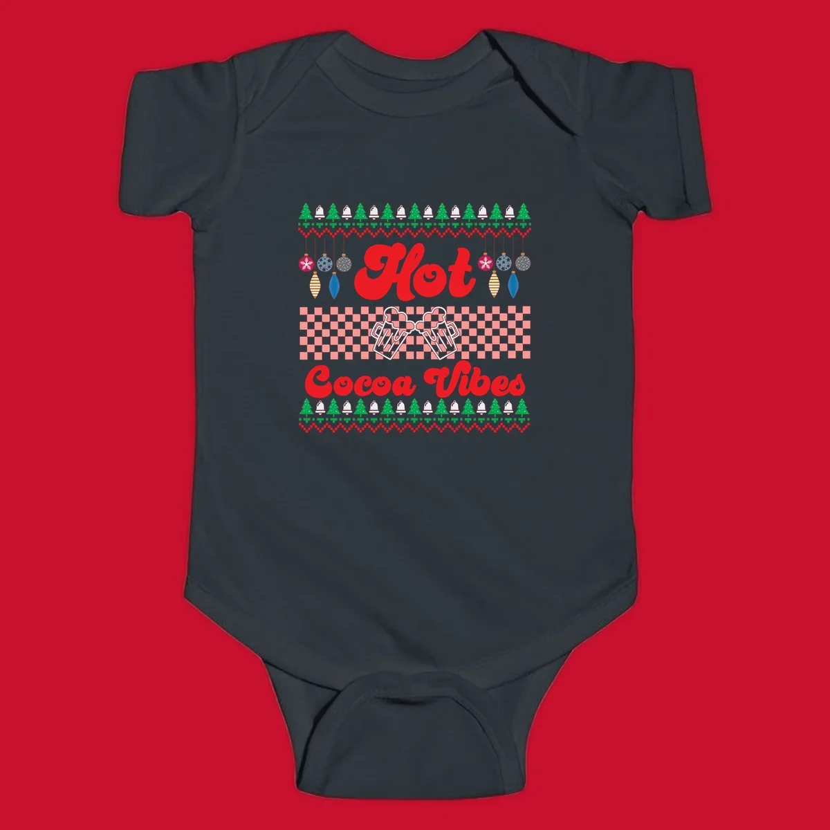 Hot Cocoa Vibes Ugly Christmas sweater design with retro text, Christmas trees, bells, and ornaments.