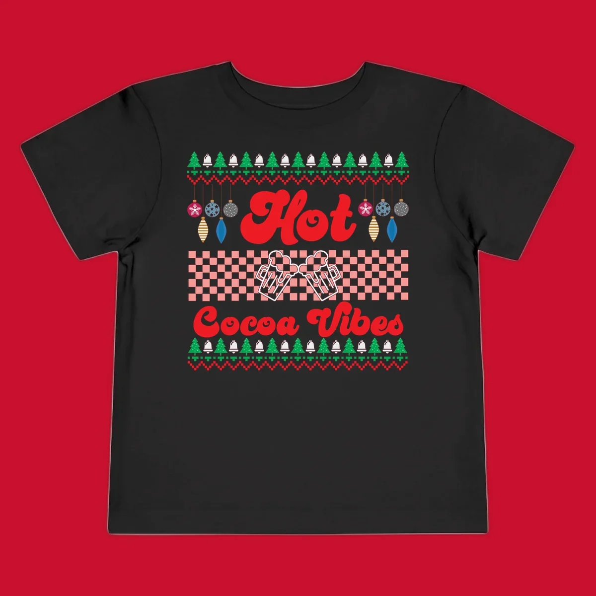 Hot Cocoa Vibes Ugly Christmas sweater design with retro text, Christmas trees, bells, and ornaments.