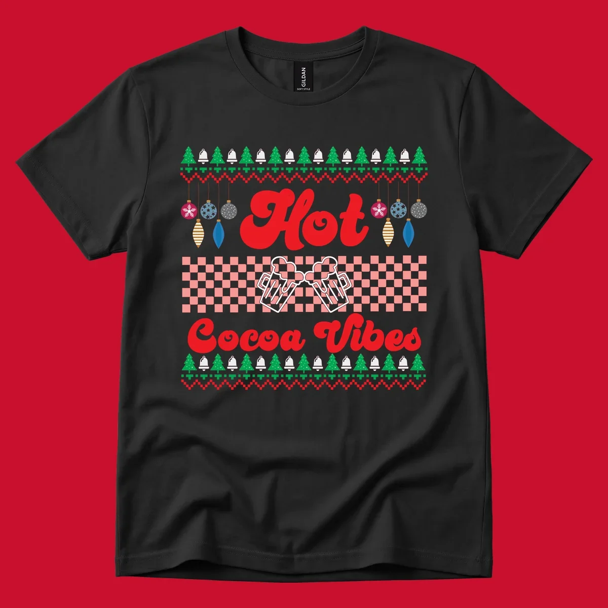 Hot Cocoa Vibes Ugly Christmas sweater design with retro text, Christmas trees, bells, and ornaments.
