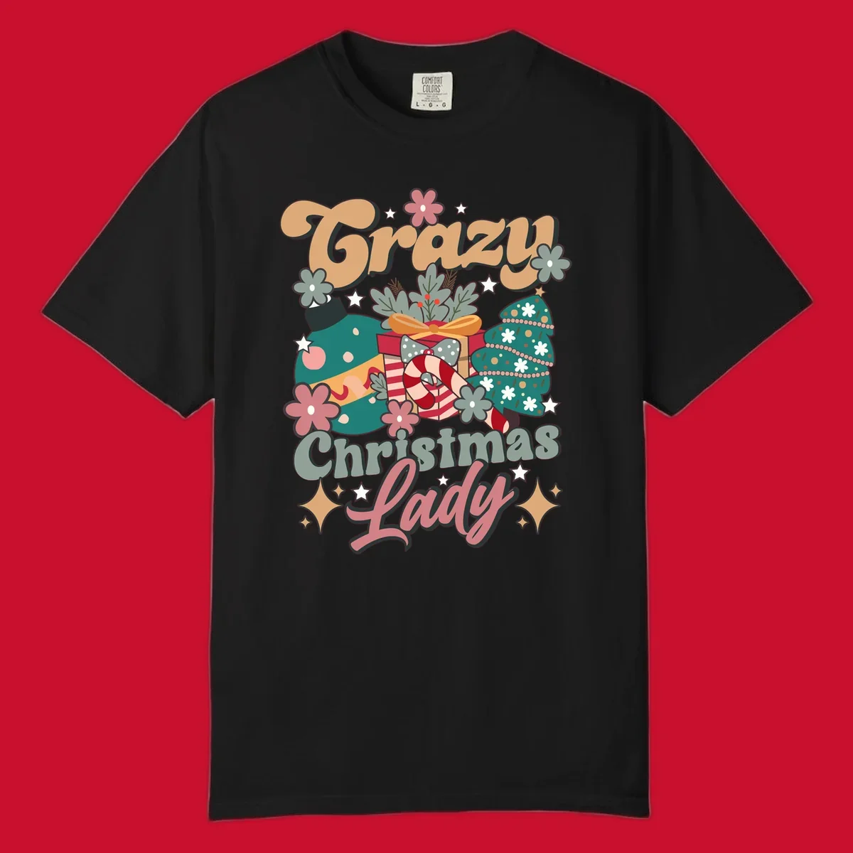 Retro design with text 'Crazy Christmas Lady', Christmas tree, ornament, gift box, and candy cane. Crazy-christmas-lady.