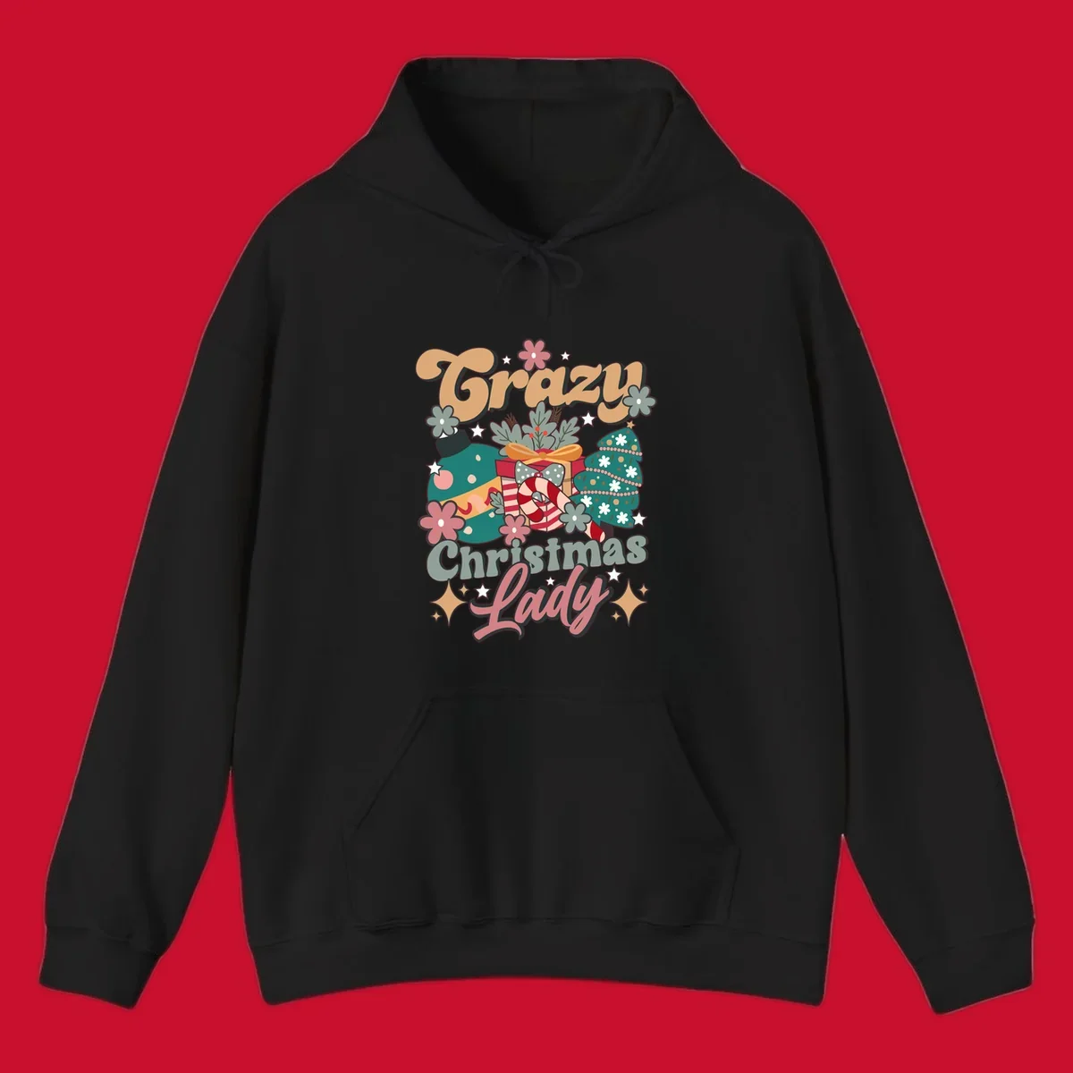 Retro design with text 'Crazy Christmas Lady', Christmas tree, ornament, gift box, and candy cane. Crazy-christmas-lady.