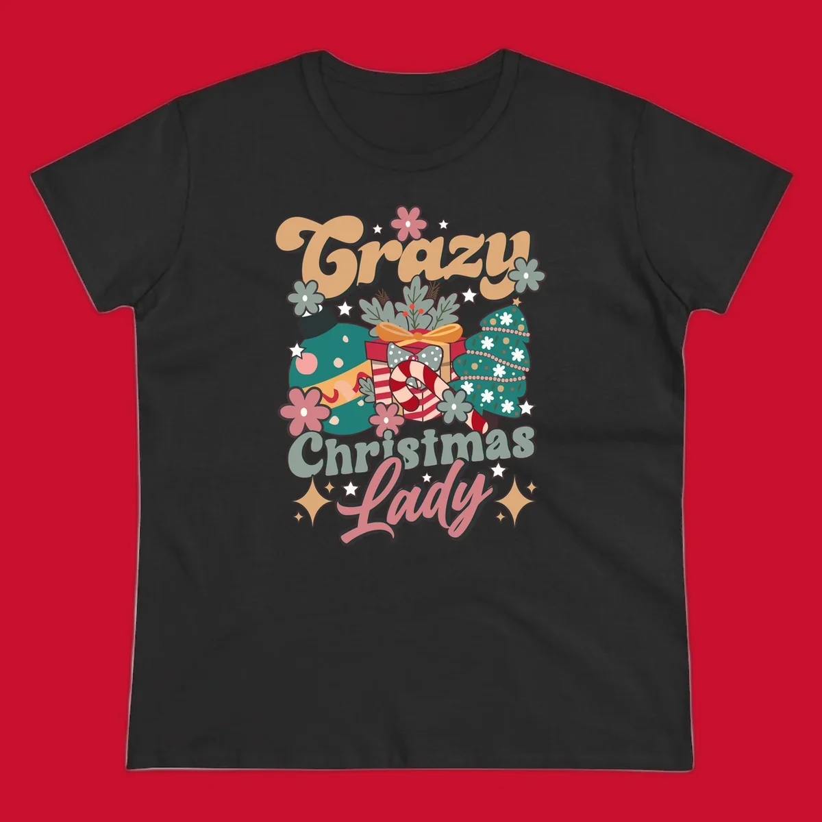 Retro design with text 'Crazy Christmas Lady', Christmas tree, ornament, gift box, and candy cane. Crazy-christmas-lady.