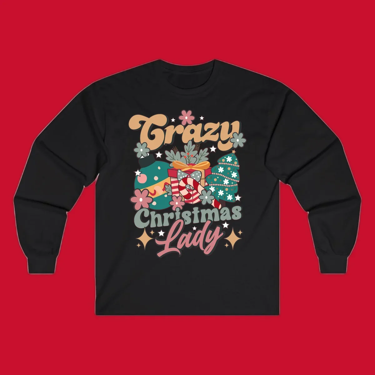 Retro design with text 'Crazy Christmas Lady', Christmas tree, ornament, gift box, and candy cane. Crazy-christmas-lady.