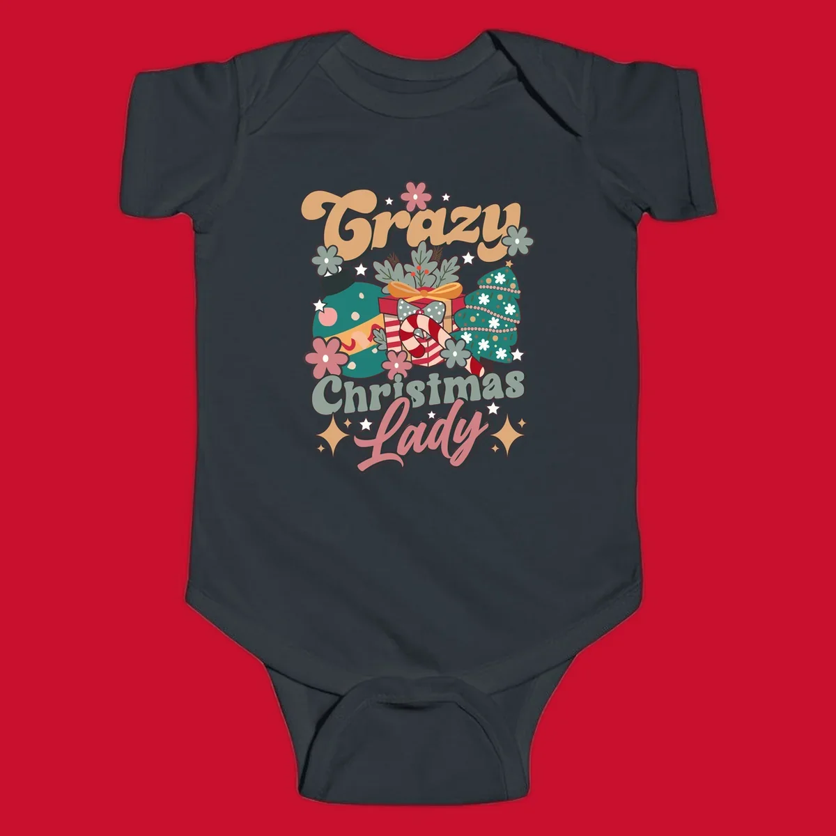 Retro design with text 'Crazy Christmas Lady', Christmas tree, ornament, gift box, and candy cane. Crazy-christmas-lady.