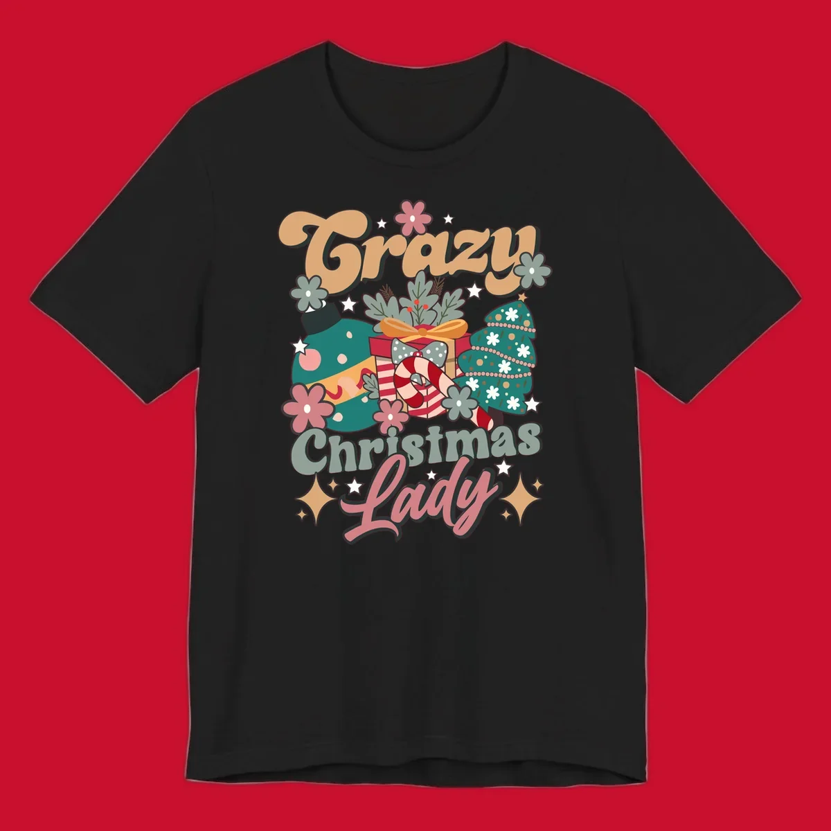 Retro design with text 'Crazy Christmas Lady', Christmas tree, ornament, gift box, and candy cane. Crazy-christmas-lady.