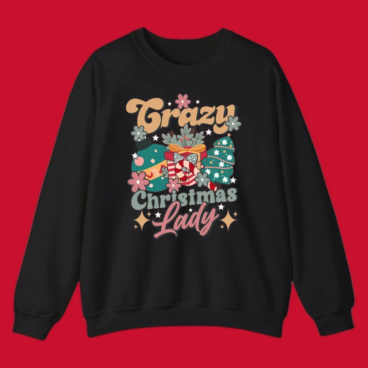 Retro design with text 'Crazy Christmas Lady', Christmas tree, ornament, gift box, and candy cane. Crazy-christmas-lady.