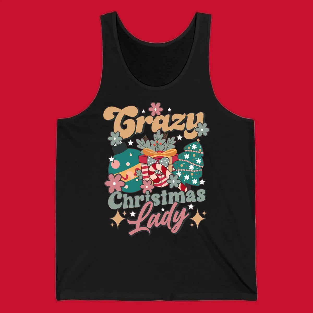 Retro design with text 'Crazy Christmas Lady', Christmas tree, ornament, gift box, and candy cane. Crazy-christmas-lady.