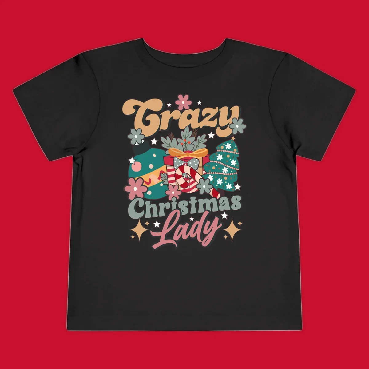 Retro design with text 'Crazy Christmas Lady', Christmas tree, ornament, gift box, and candy cane. Crazy-christmas-lady.