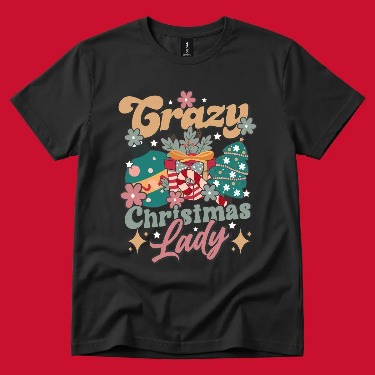 Retro design with text 'Crazy Christmas Lady', Christmas tree, ornament, gift box, and candy cane. Crazy-christmas-lady.