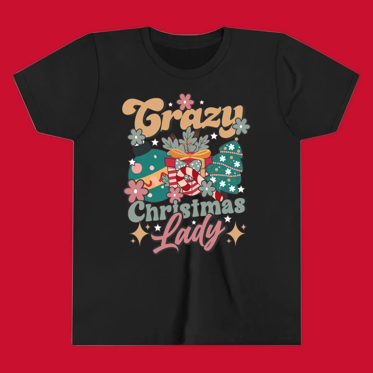 Retro design with text 'Crazy Christmas Lady', Christmas tree, ornament, gift box, and candy cane. Crazy-christmas-lady.
