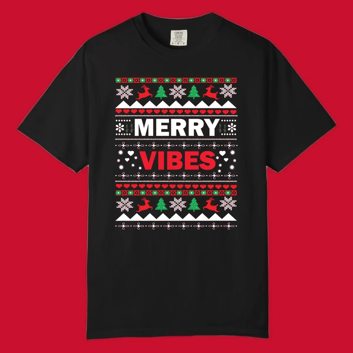 Merry Christmas Vibes ugly sweater design with reindeer, trees, snowflakes, and hearts.