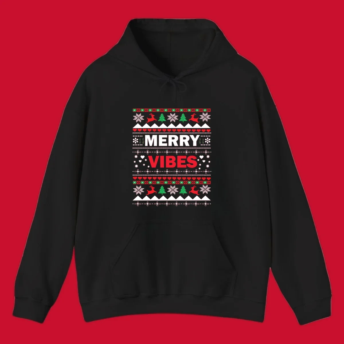 Merry Christmas Vibes ugly sweater design with reindeer, trees, snowflakes, and hearts.