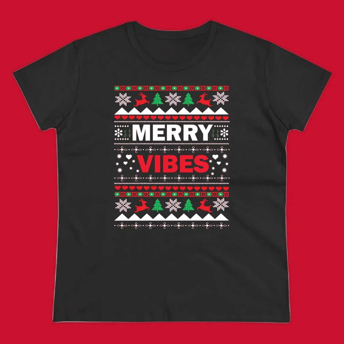 Merry Christmas Vibes ugly sweater design with reindeer, trees, snowflakes, and hearts.