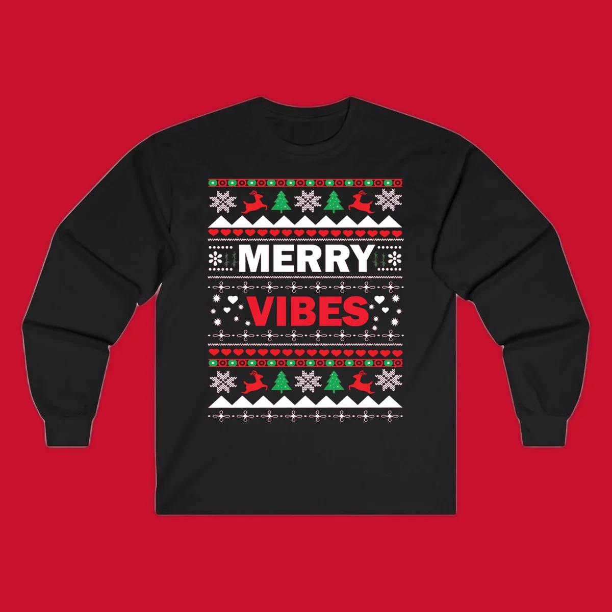 Merry Christmas Vibes ugly sweater design with reindeer, trees, snowflakes, and hearts.