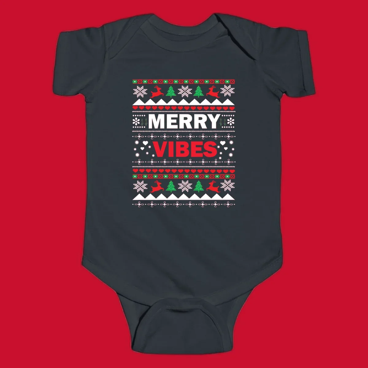Merry Christmas Vibes ugly sweater design with reindeer, trees, snowflakes, and hearts.