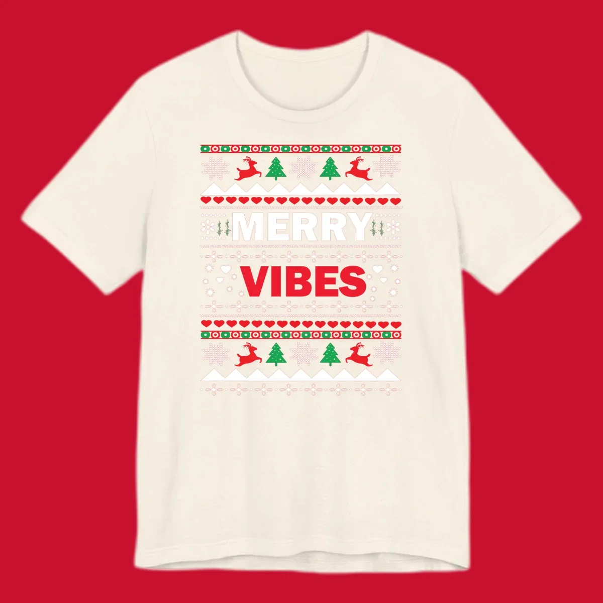 Merry Christmas Vibes ugly sweater design with reindeer, trees, snowflakes, and hearts.