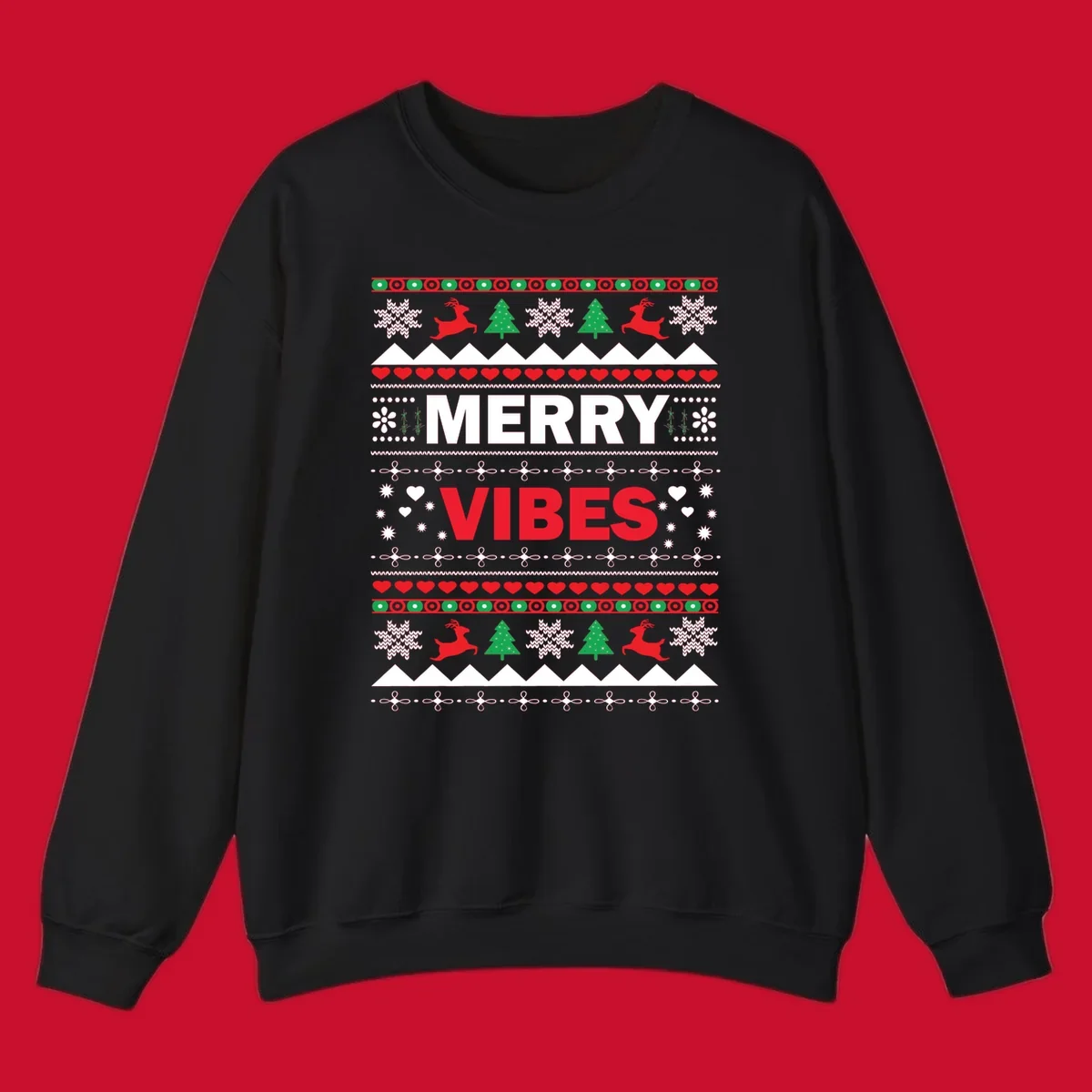 Merry Christmas Vibes ugly sweater design with reindeer, trees, snowflakes, and hearts.