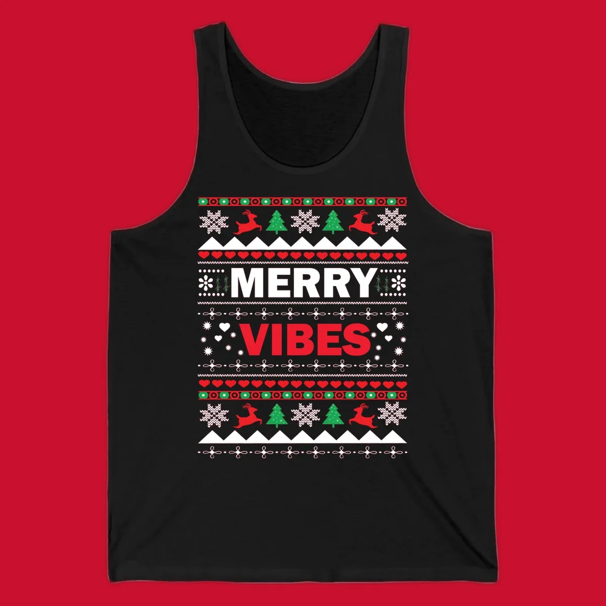 Merry Christmas Vibes ugly sweater design with reindeer, trees, snowflakes, and hearts.
