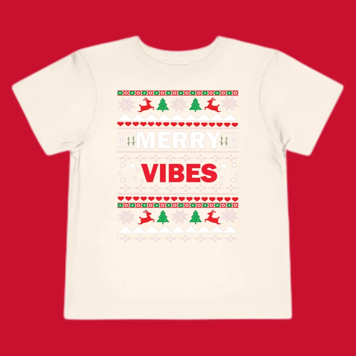 Merry Christmas Vibes ugly sweater design with reindeer, trees, snowflakes, and hearts.