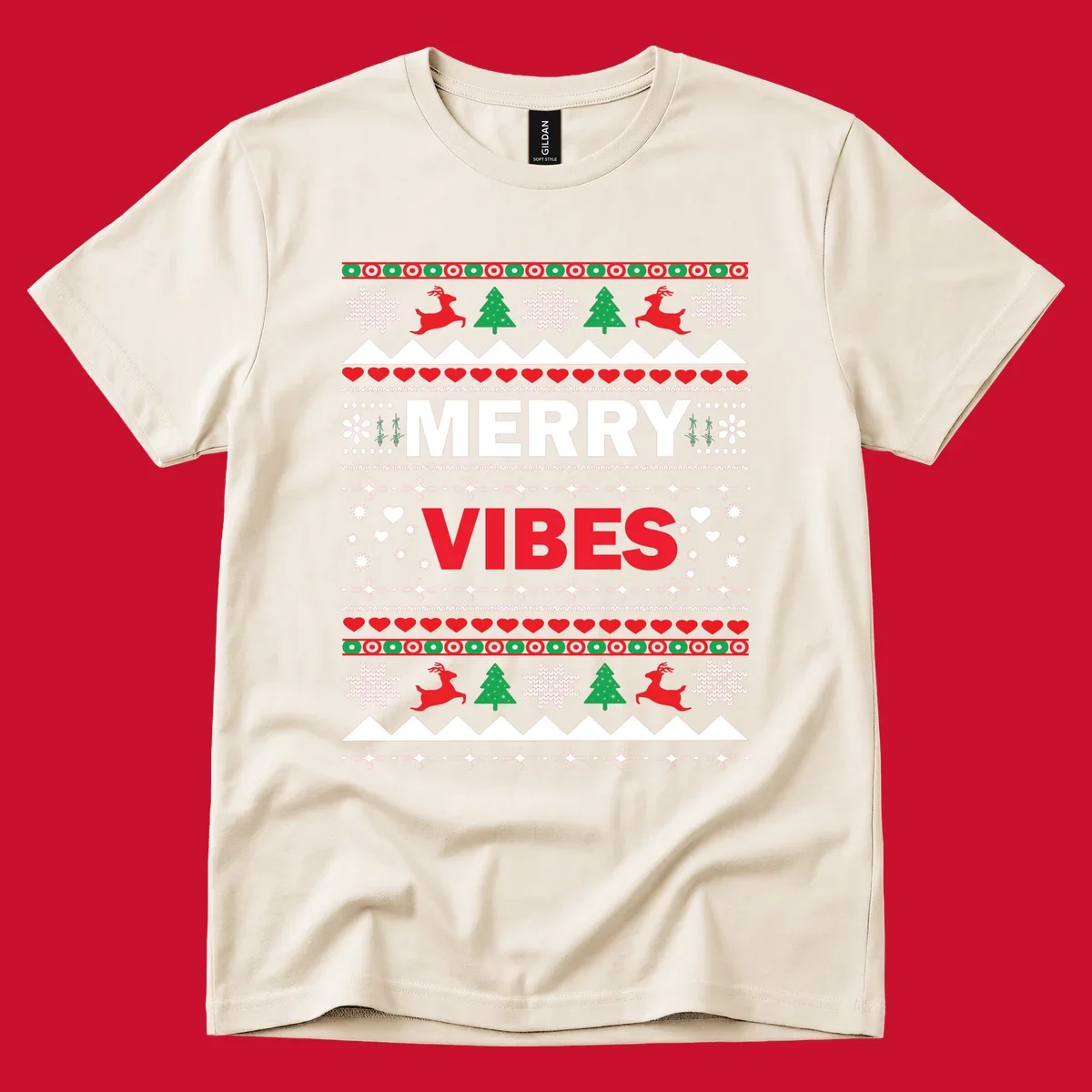 Merry Christmas Vibes ugly sweater design with reindeer, trees, snowflakes, and hearts.