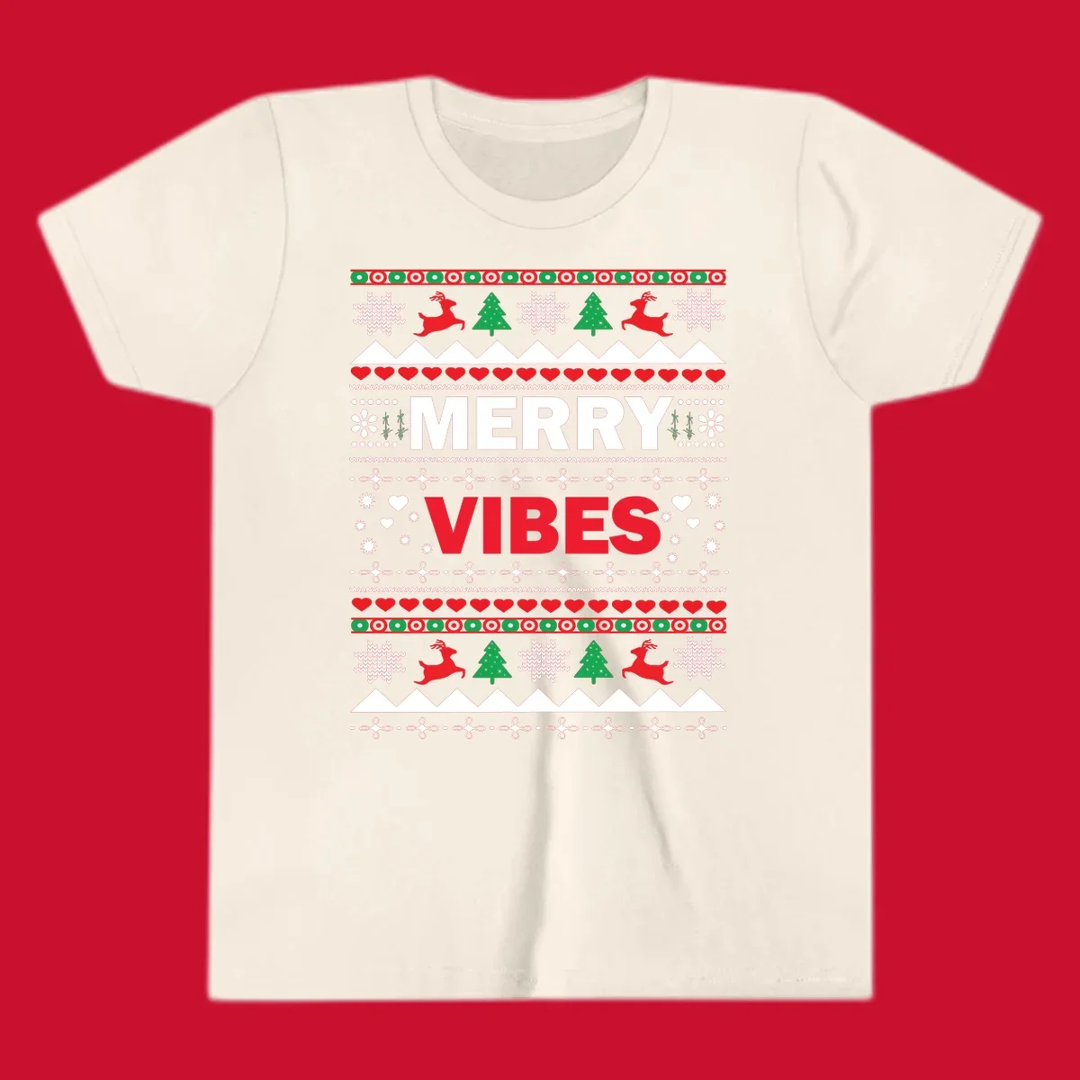 Merry Christmas Vibes ugly sweater design with reindeer, trees, snowflakes, and hearts.