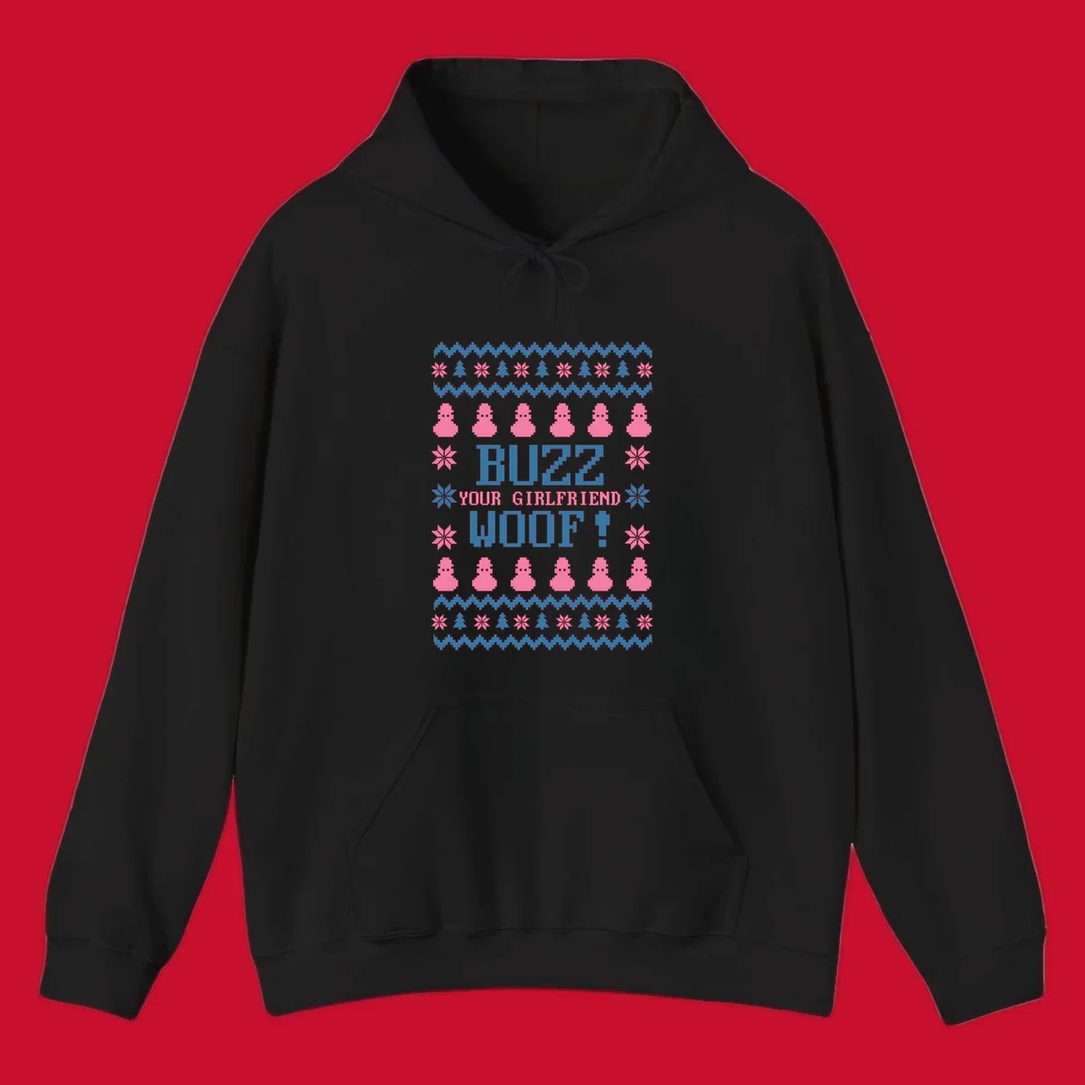 Buzz Your Girlfriend Woof Christmas design with pixelated trees, snowflakes, and pink figures.