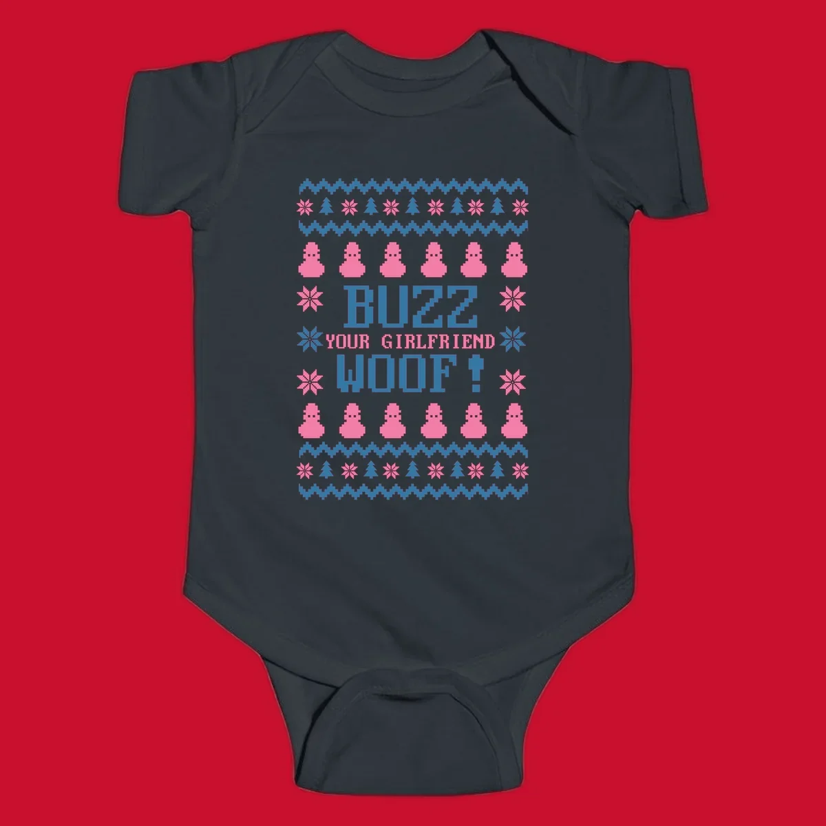 Buzz Your Girlfriend Woof Christmas design with pixelated trees, snowflakes, and pink figures.