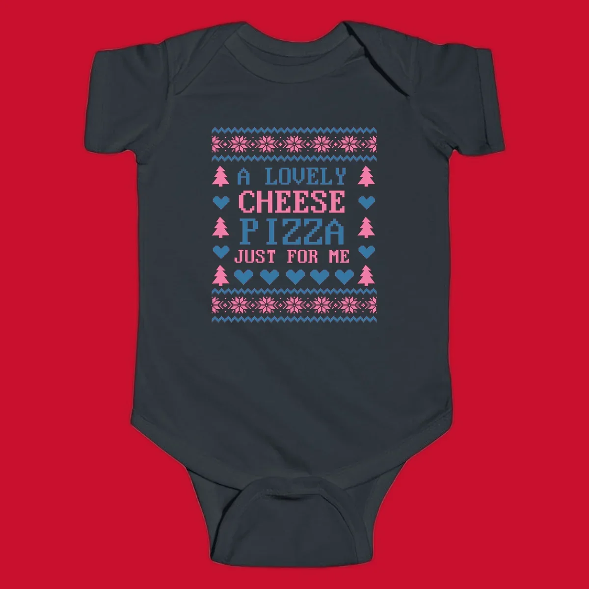 Pizza Christmas Sweater Design with text "A LOVELY CHEESE PIZZA JUST FOR ME", trees, hearts, and snowflakes.