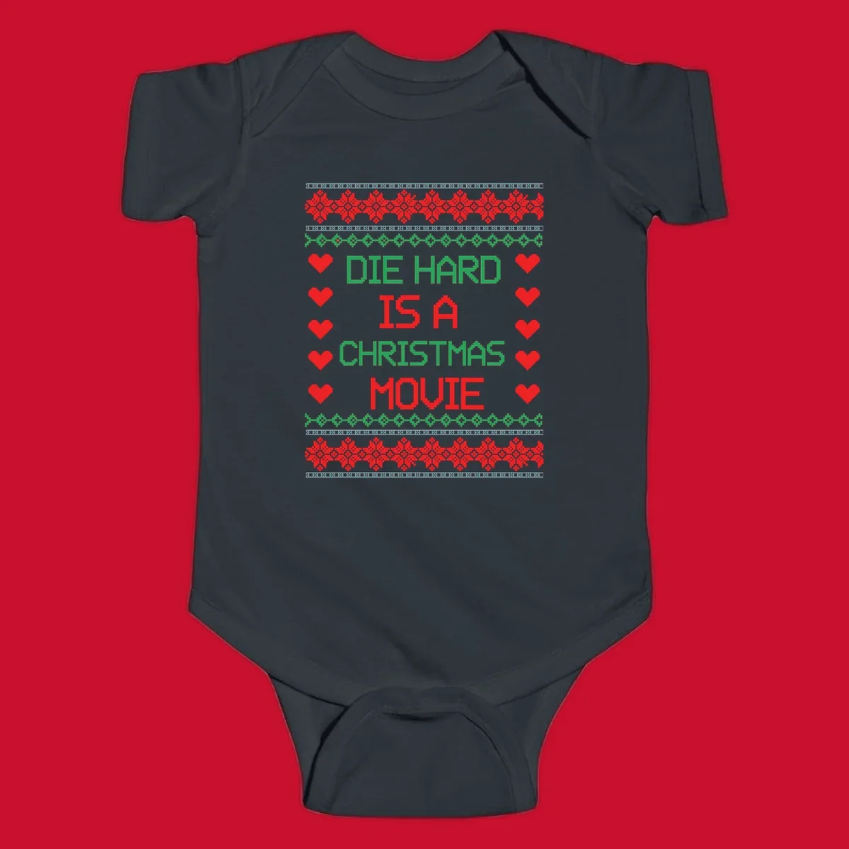 Die Hard is a Christmas Movie pixel art design with red hearts and holiday patterns.
