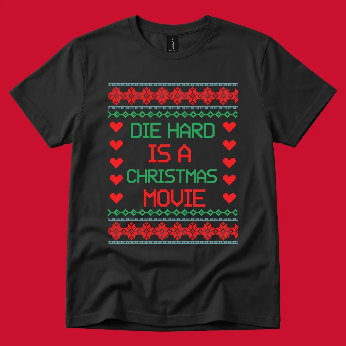 Die Hard is a Christmas Movie pixel art design with red hearts and holiday patterns.