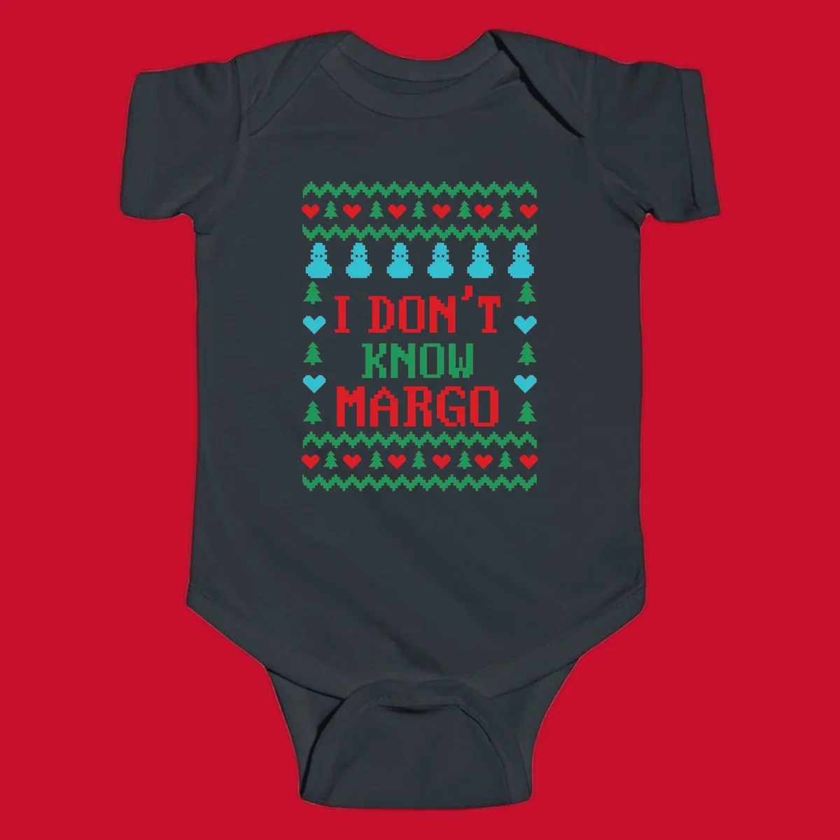 Ugly Christmas sweater design with text I DON'T KNOW MARGO, snowmen, hearts, and trees.