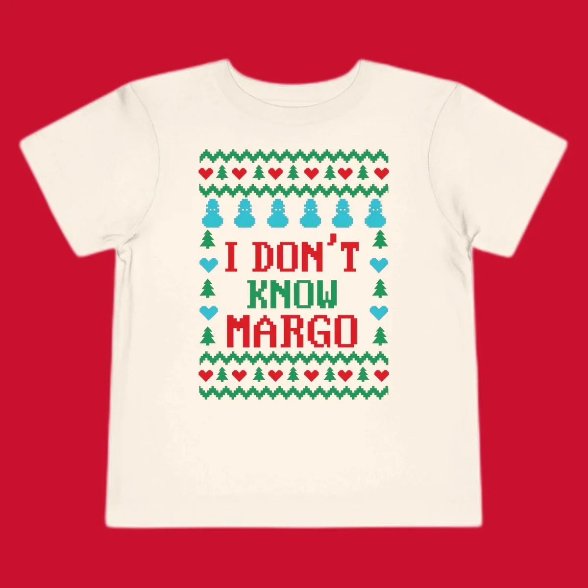 Ugly Christmas sweater design with text I DON'T KNOW MARGO, snowmen, hearts, and trees.