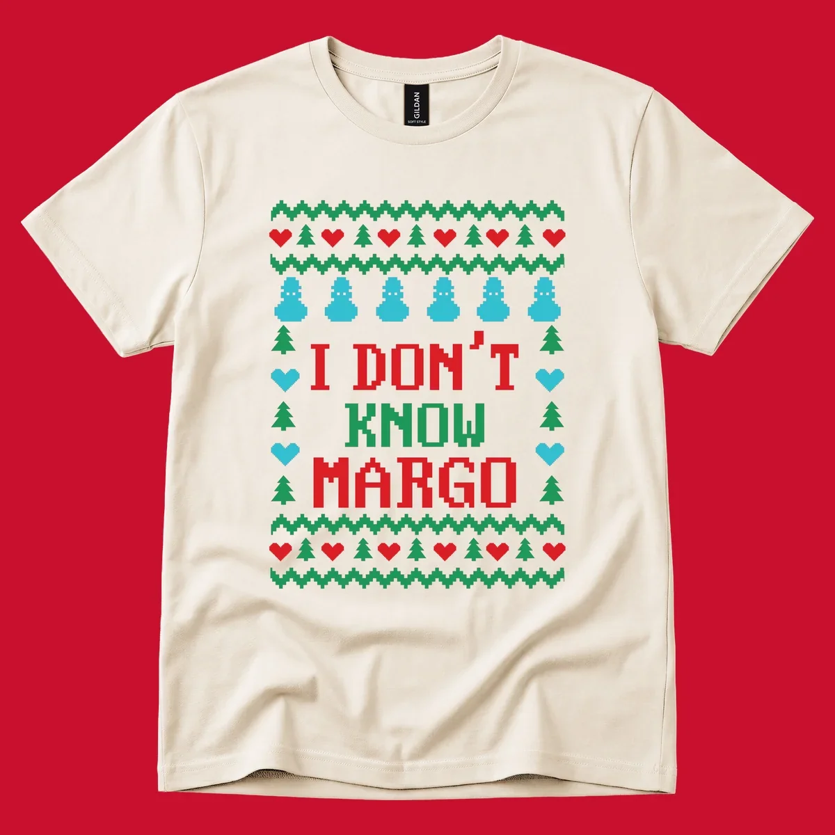 Ugly Christmas sweater design with text I DON'T KNOW MARGO, snowmen, hearts, and trees.