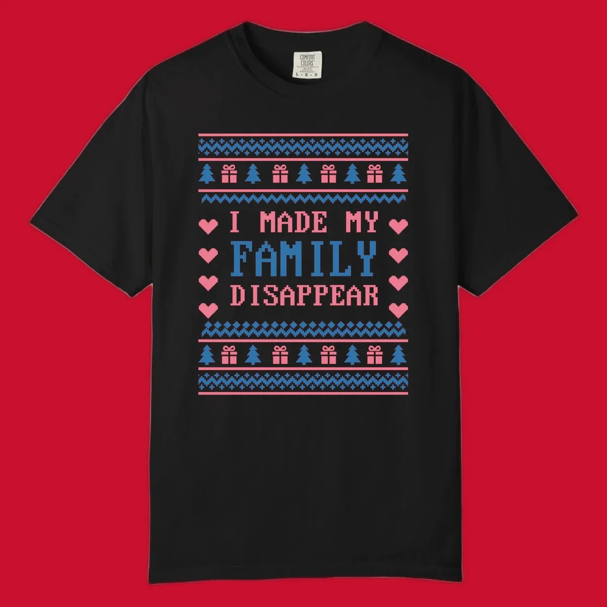 Family disappear ugly sweater text with christmas elements