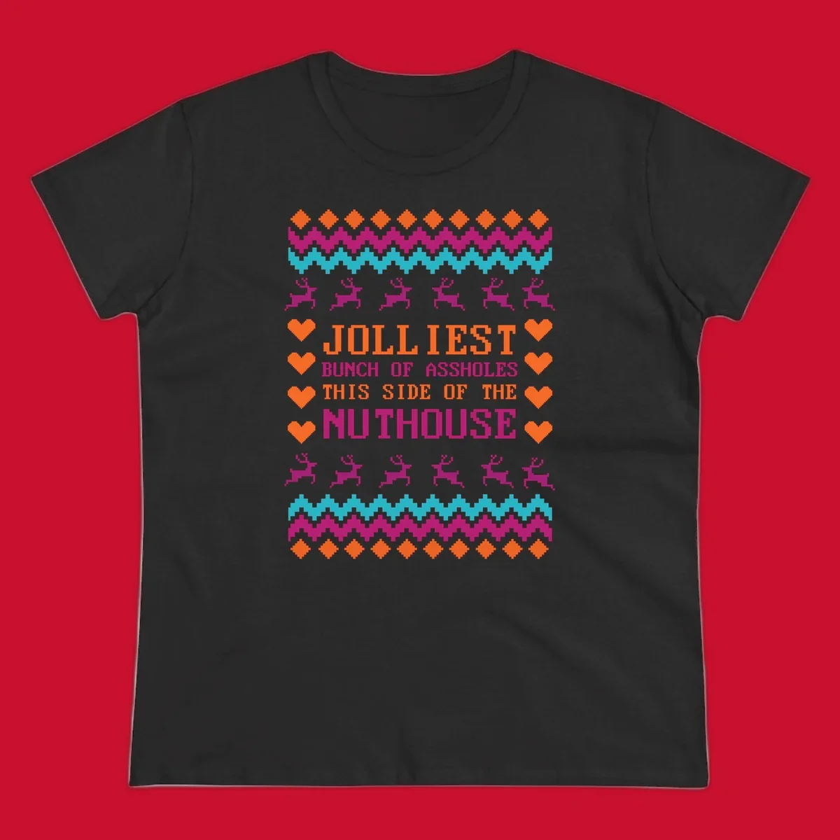 Jolliiest Bunch Of Assholes text with reindeer and heart graphics in an ugly sweater pattern.