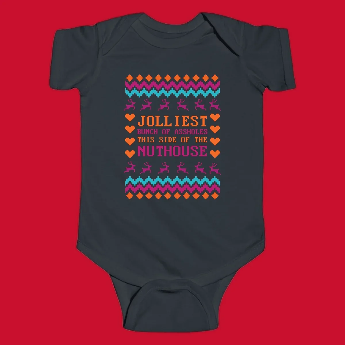 Jolliiest Bunch Of Assholes text with reindeer and heart graphics in an ugly sweater pattern.