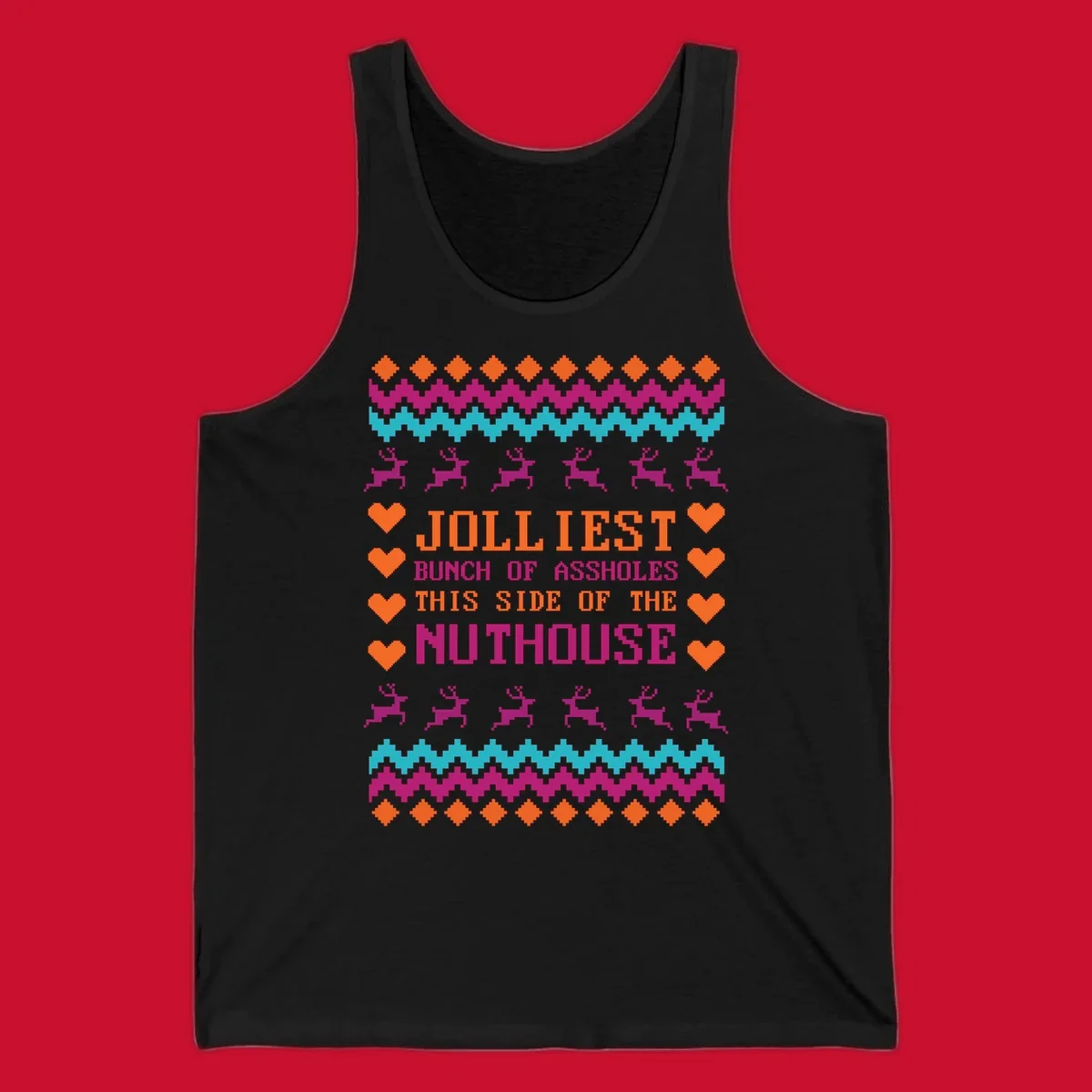 Jolliiest Bunch Of Assholes text with reindeer and heart graphics in an ugly sweater pattern.