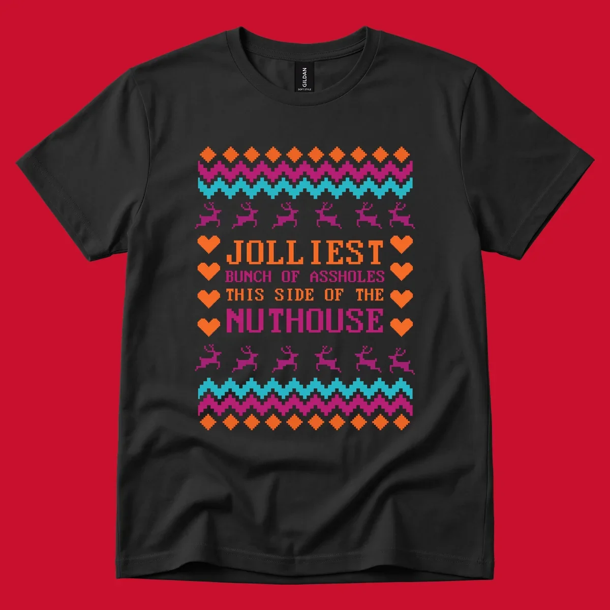 Jolliiest Bunch Of Assholes text with reindeer and heart graphics in an ugly sweater pattern.