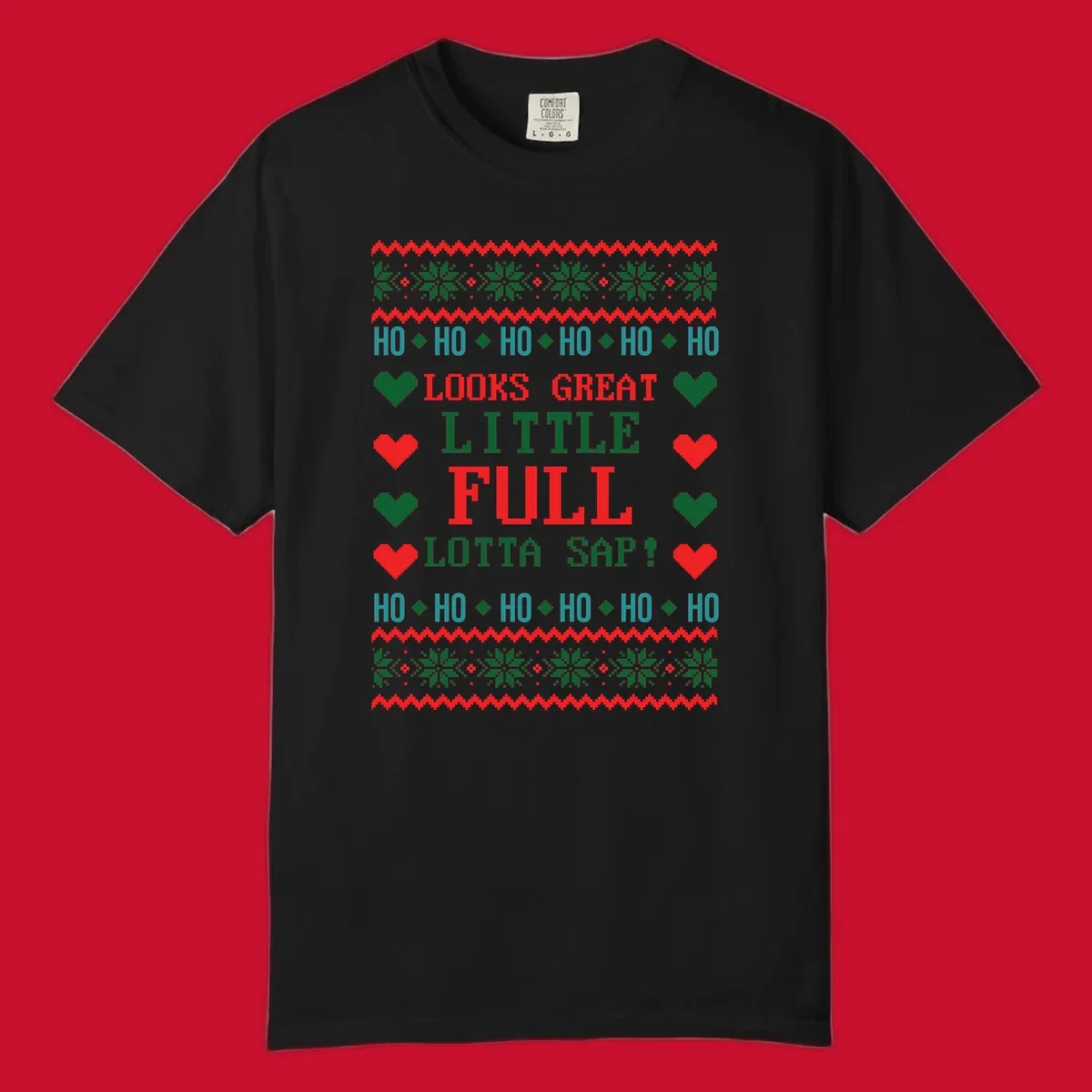 Pixelated ugly Christmas sweater design with 'Ho Ho Ho Lotta Sap!' text and holiday graphics.