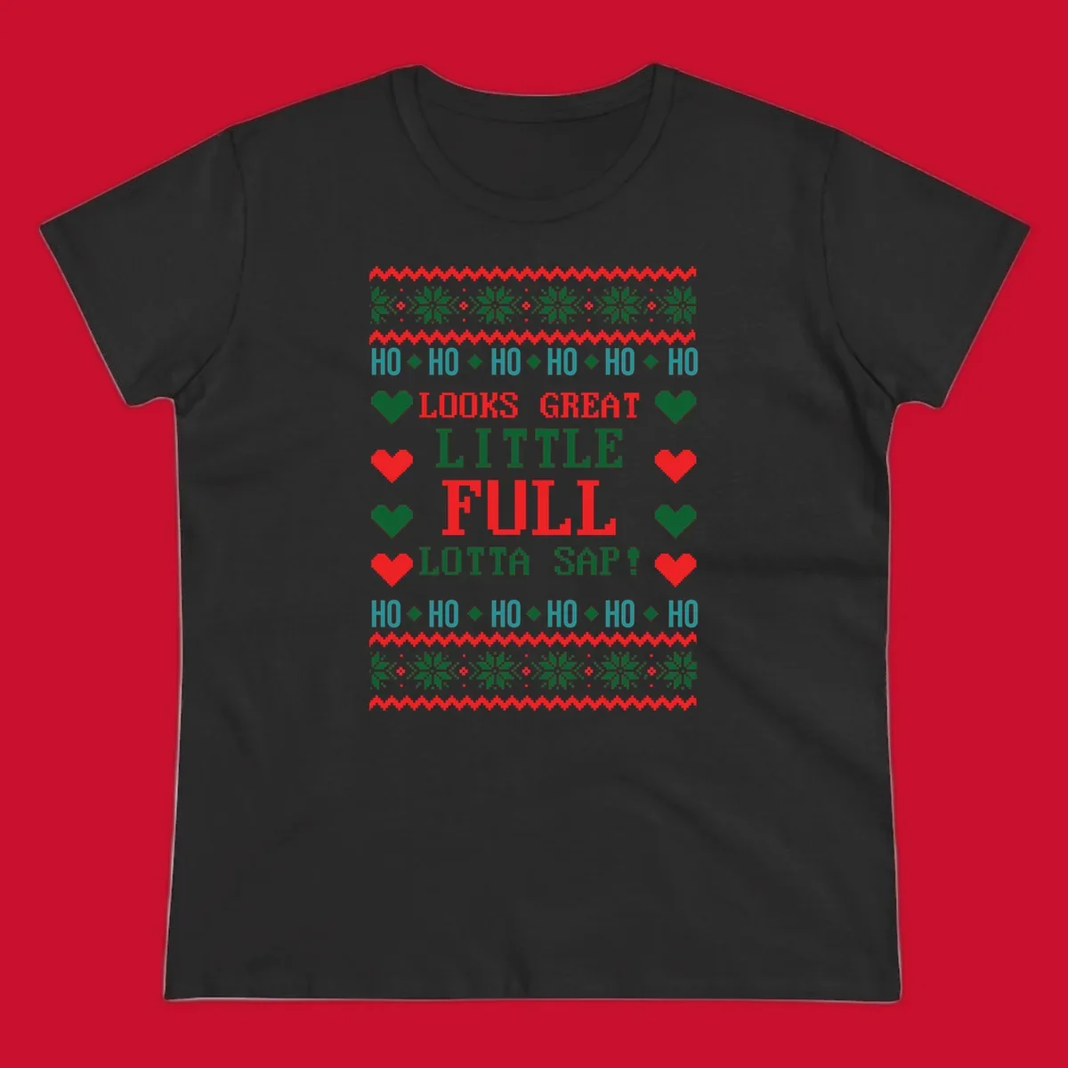 Pixelated ugly Christmas sweater design with 'Ho Ho Ho Lotta Sap!' text and holiday graphics.