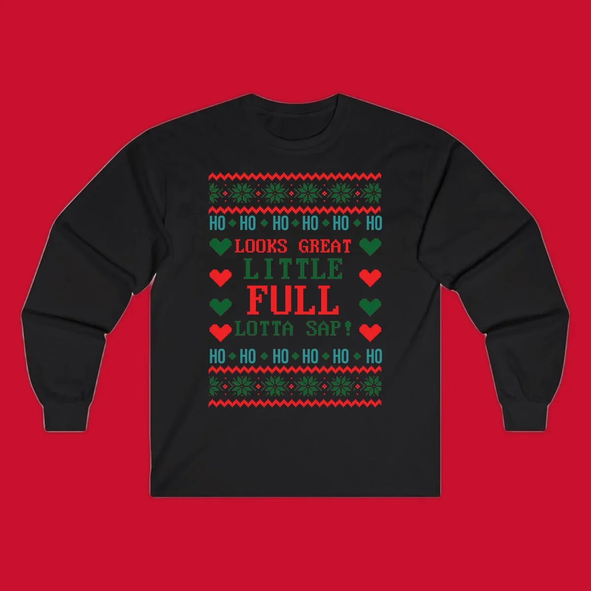 Pixelated ugly Christmas sweater design with 'Ho Ho Ho Lotta Sap!' text and holiday graphics.