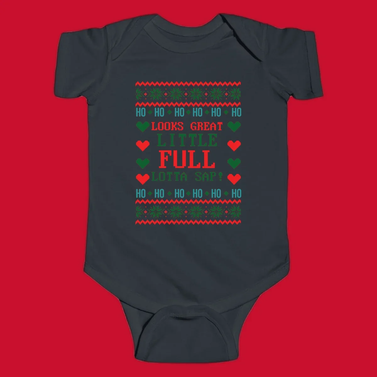 Pixelated ugly Christmas sweater design with 'Ho Ho Ho Lotta Sap!' text and holiday graphics.