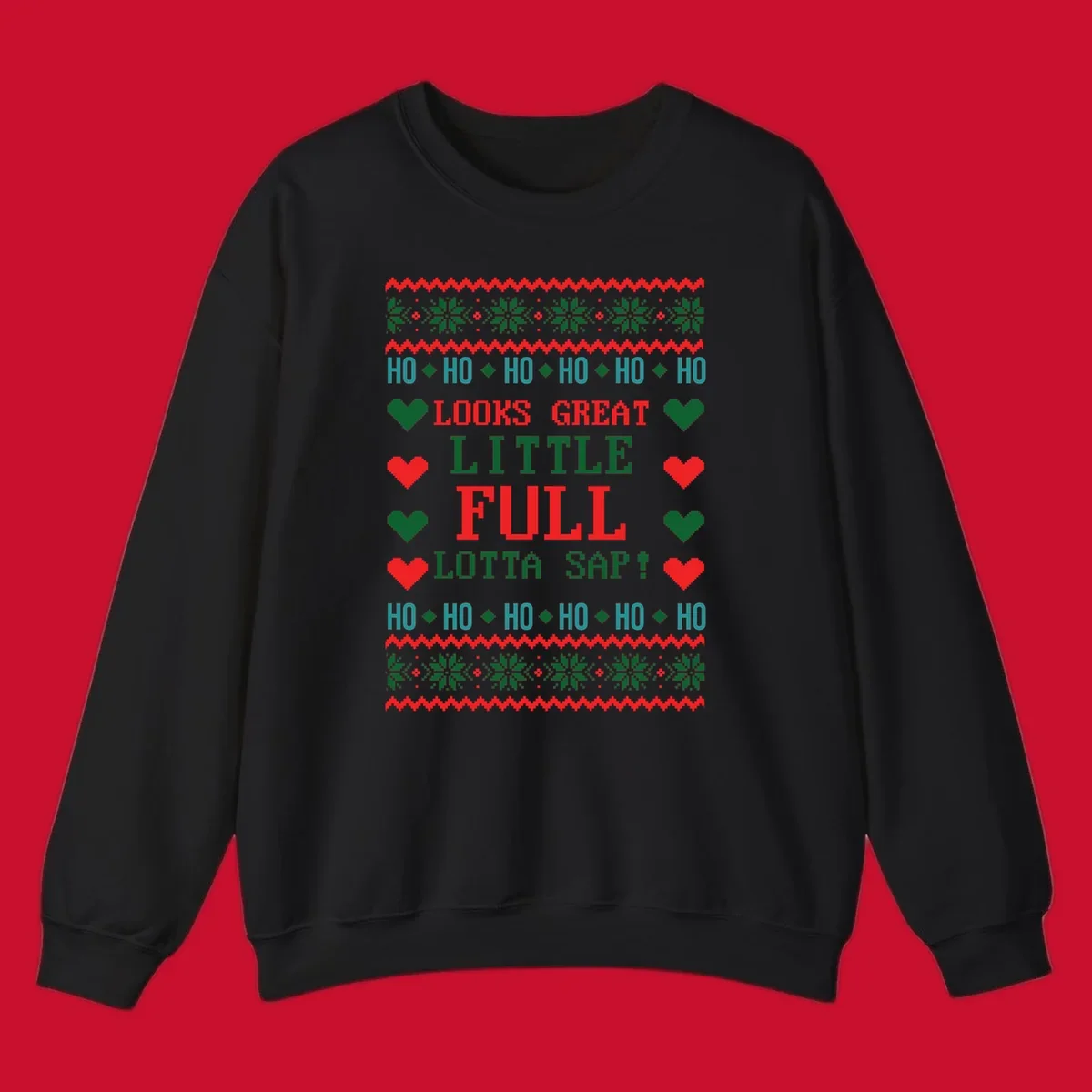 Pixelated ugly Christmas sweater design with 'Ho Ho Ho Lotta Sap!' text and holiday graphics.