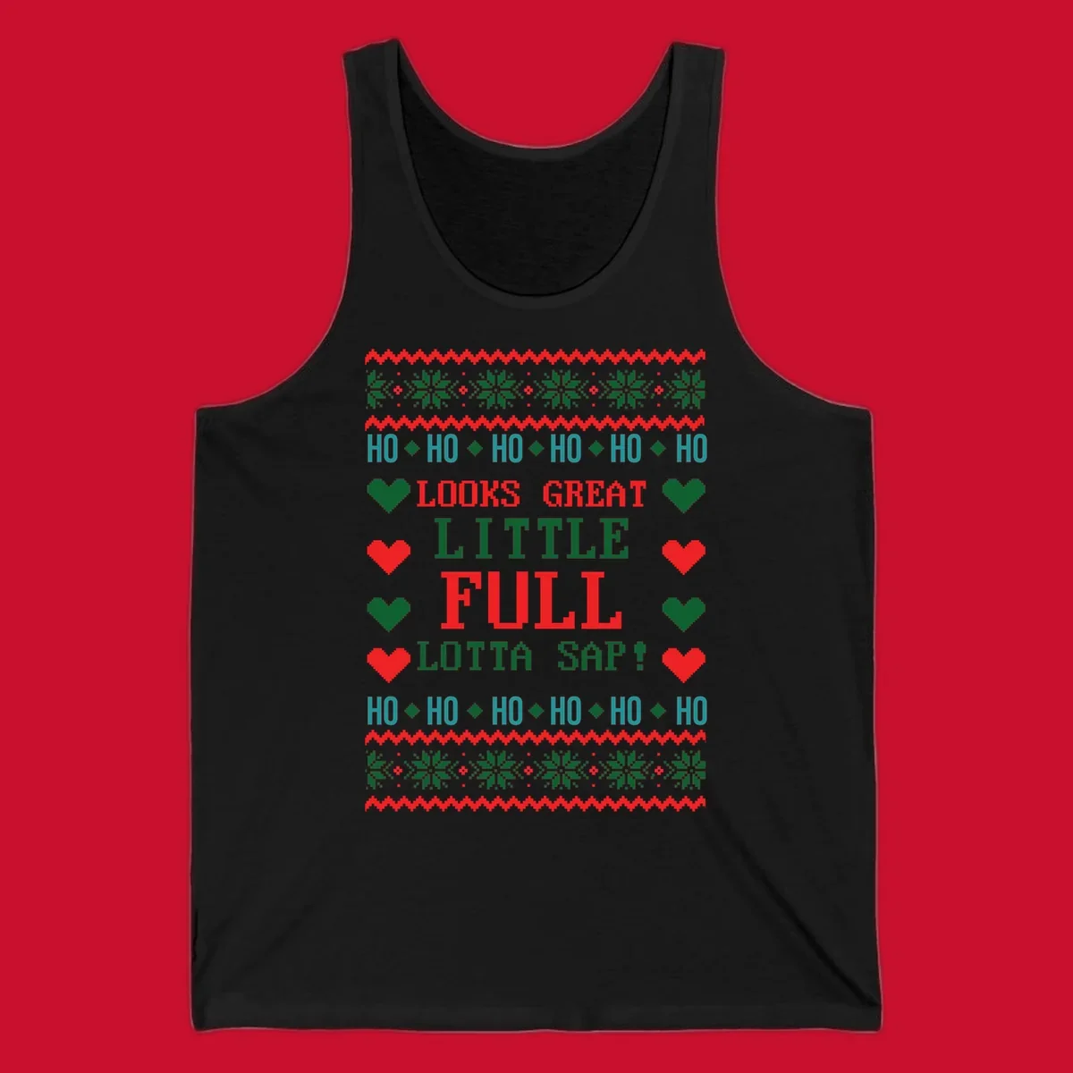 Pixelated ugly Christmas sweater design with 'Ho Ho Ho Lotta Sap!' text and holiday graphics.